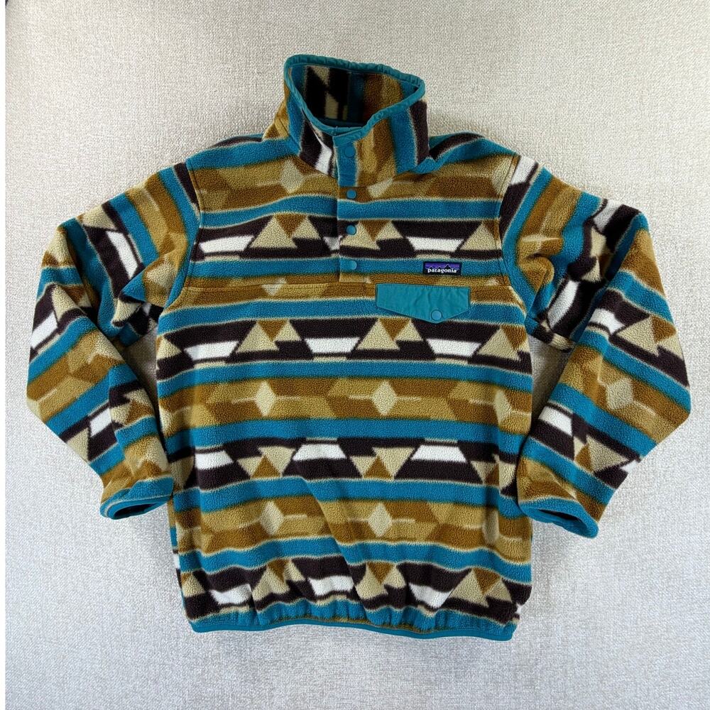 Patagonia Women's Medium Blue Tan Synchilla Aztec Print 1/4 Snap Fleece Pullover